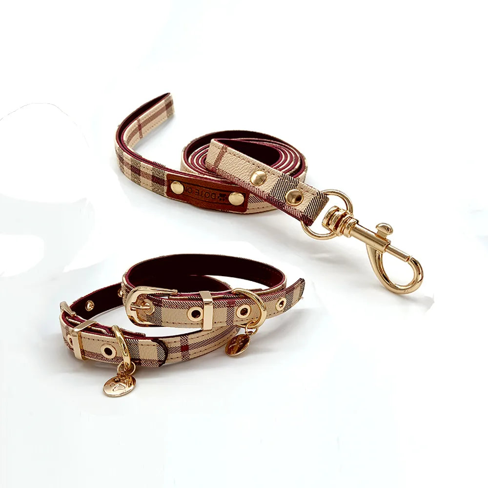 Fancy Plaid Leather Dog Collar